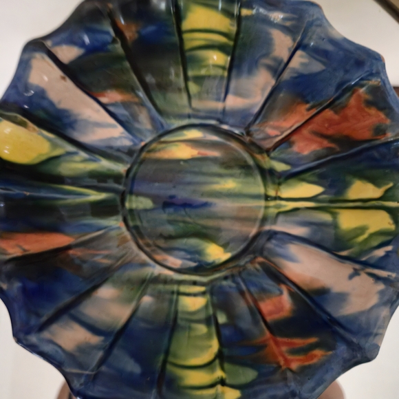 Vintage Oaxacan Dripware Scalloped Ceramic Bowl - Blue, Orange, Yellow - Picture 7 of 7